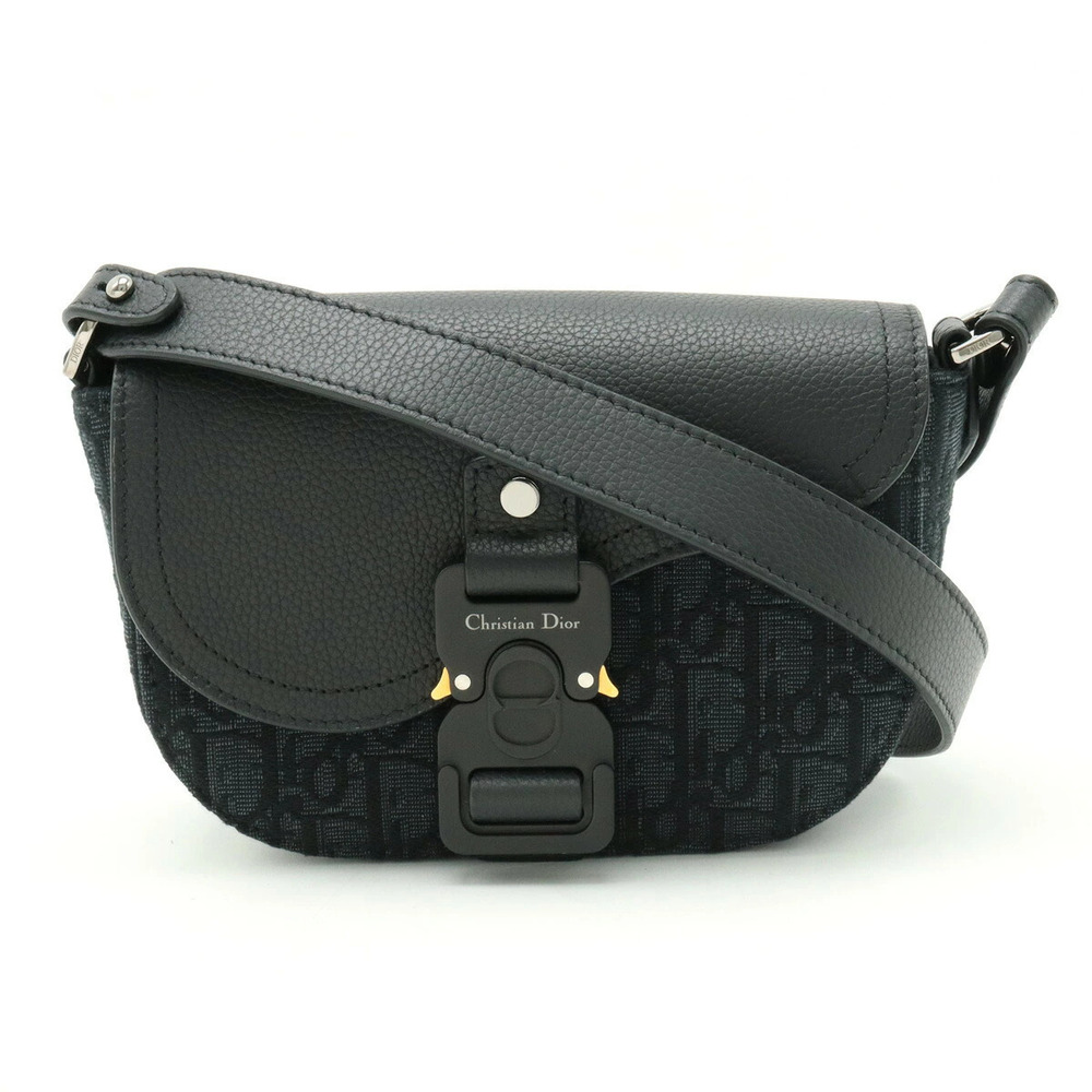 Christian Dior Oblique Jacquard Saddle Bag Shoulder Leather Black